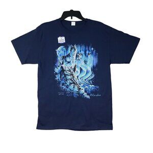 Polar Graphics Hanes T Shirt Sz L Unisex Northern Lights Alaska Wolves Blue NEW